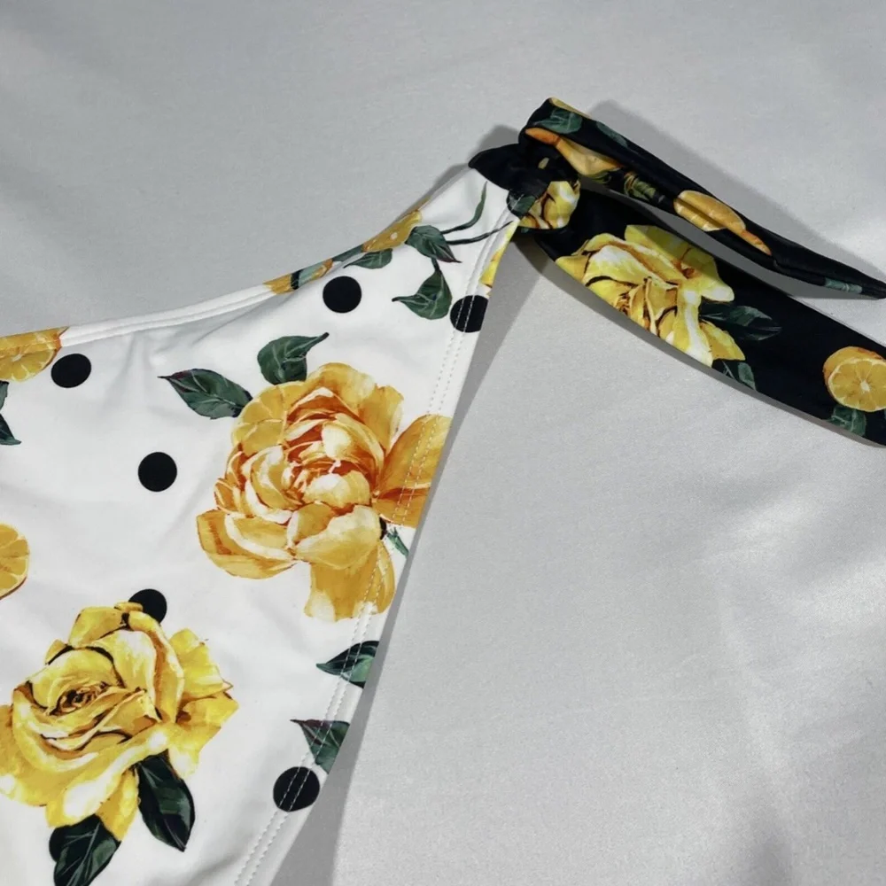 NEW‎ River Island [ 6 US ] Floral Lemon Blocked Tie Side Bikini Bottom White